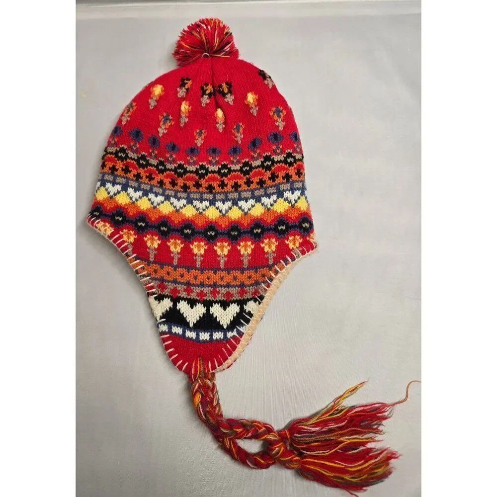 Knitted Earflap Winter Hat Pom-Pom Red Multicolor Nordic Pattern Wool blend
